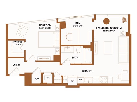 A floor plan of a house with a bedroom, living room, kitchen, and bathroom.